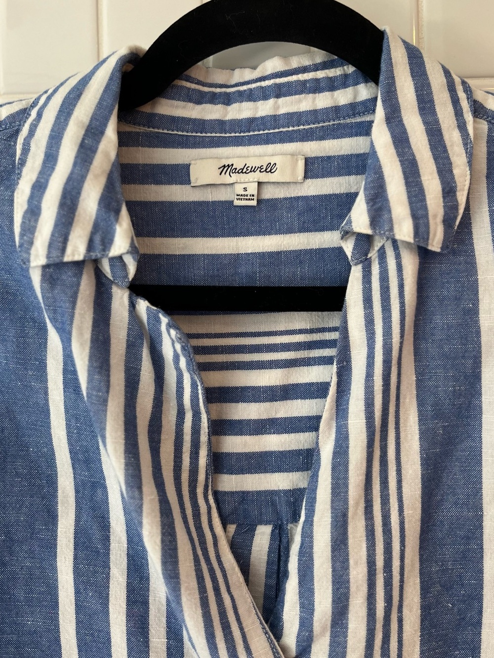 Madewell Striped Linen Cotton Popover Shirt Blue White Short Sleeve Button Back - Picture 3 of 5
